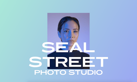 A portrait of a person with the words 'Seal Street Photo Studio' overlaid in white, set on a blue and green ombré background.