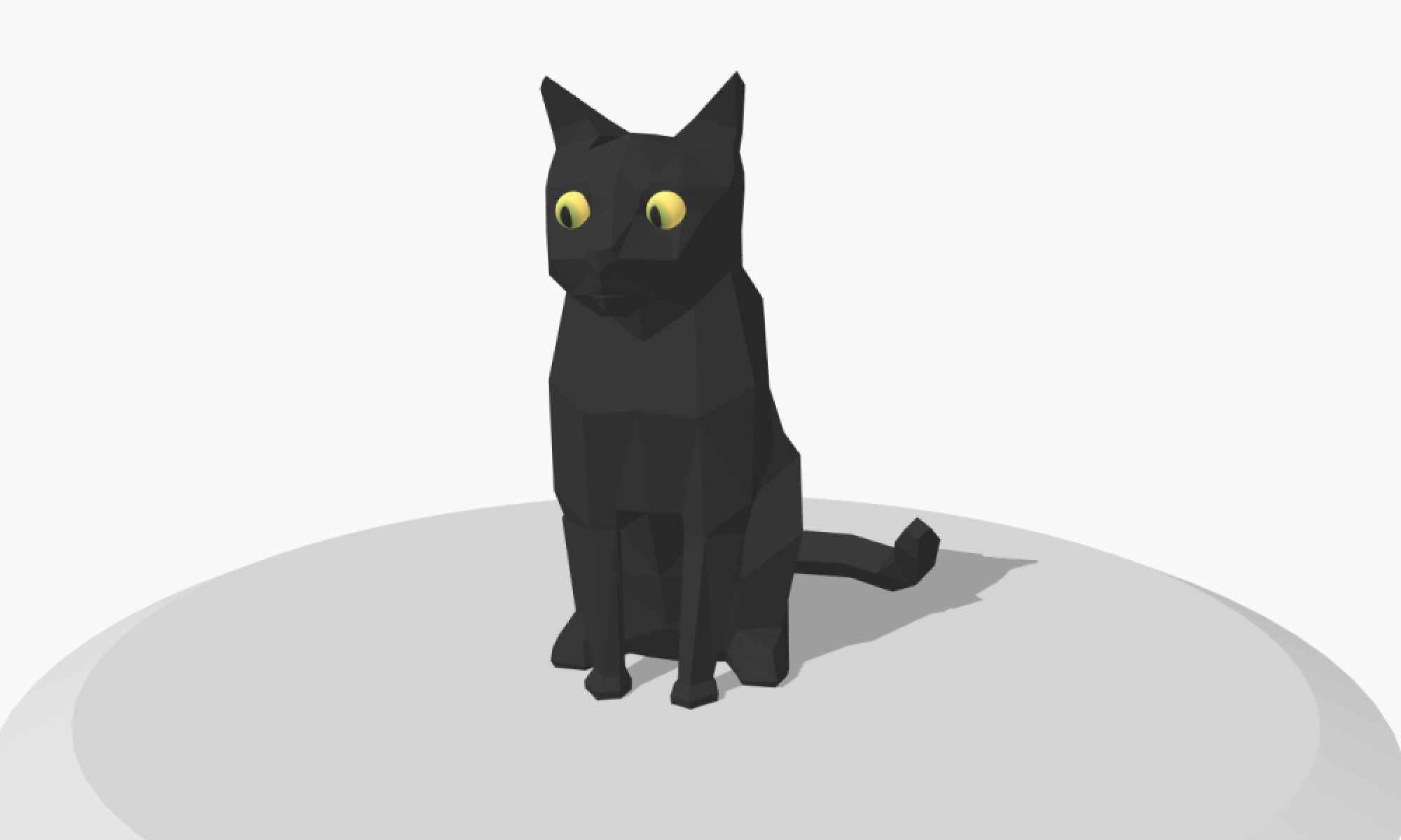 A 3D model of a cat with an alarming expression, sitting on a grey rounded surface.